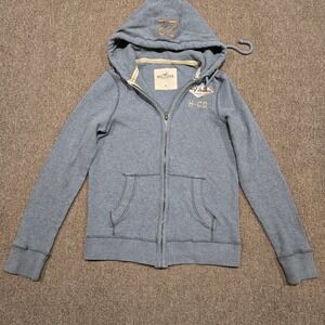 Hollister Hoodie Mens Medium Gray Waffle Knit Full Zip Surf Boards Patch Y2K
